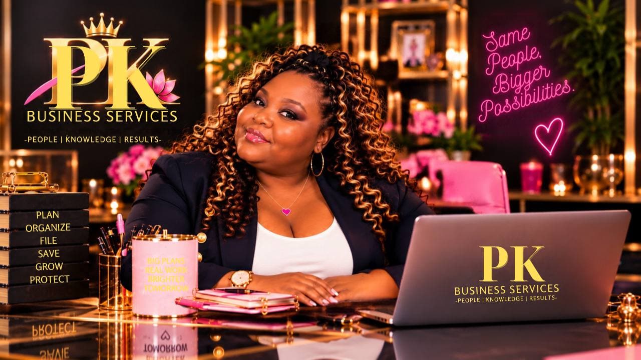 Portia Allen at the PK Business Services workspace, with organized planners, records, and a laptop